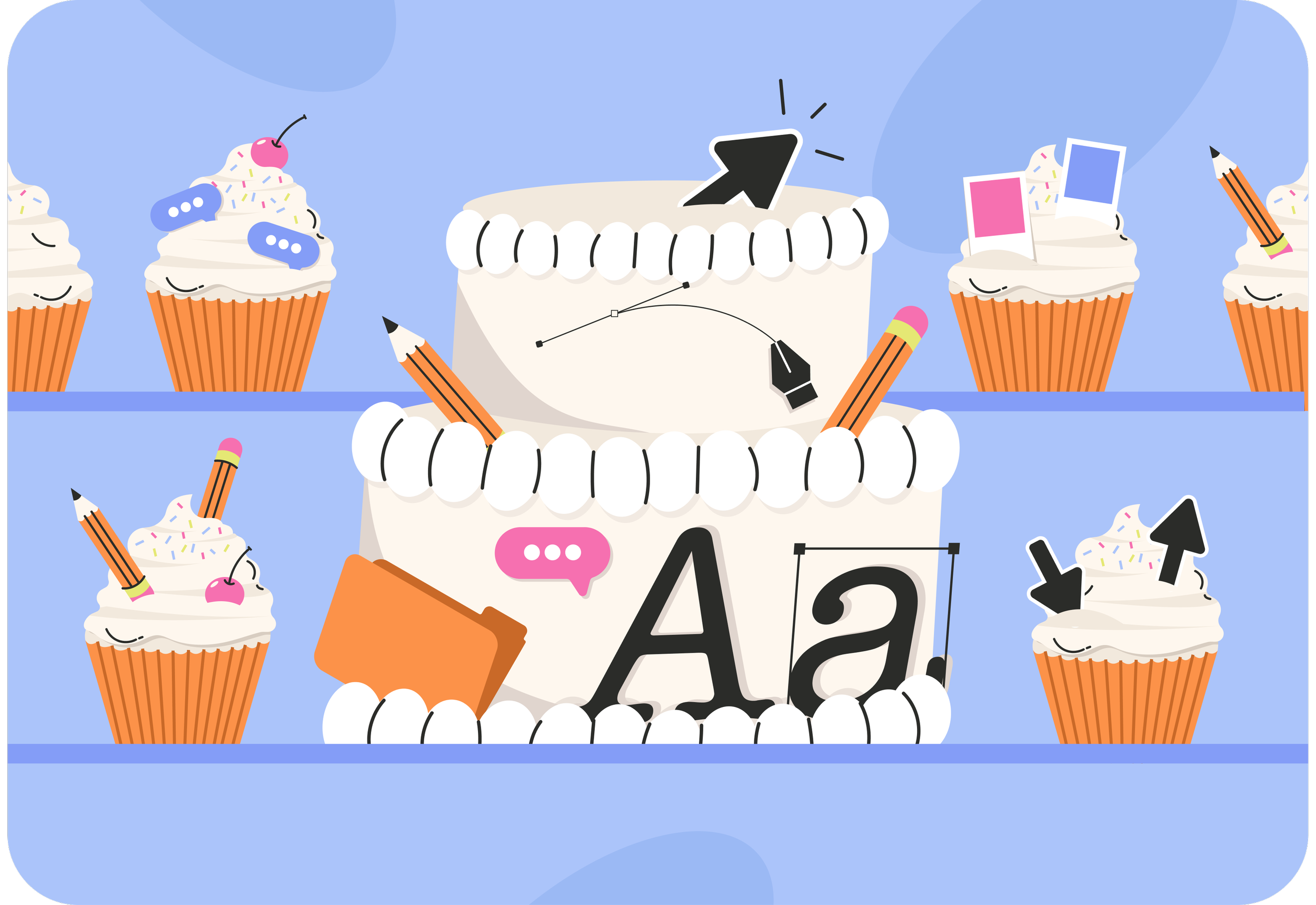 Illustrazione di cupcakes con decorazioni colorate, alcuni con ciliegie, caramelle, e altri con zucchero colorato, su uno sfondo blu con vari strumenti di design e creativi.