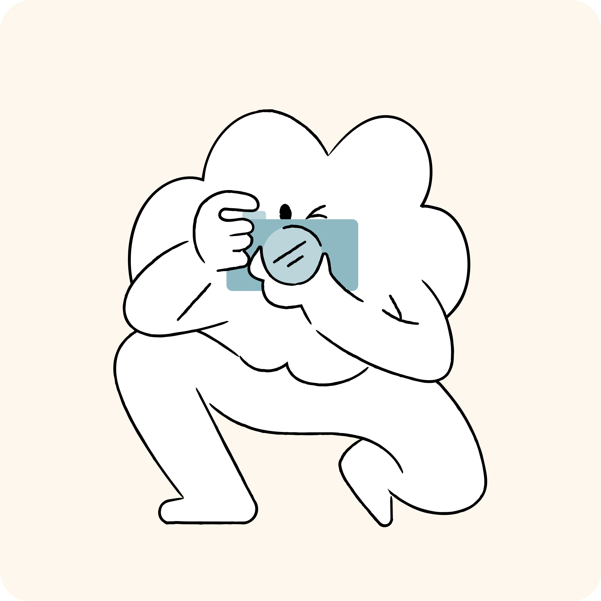 Disegno minimalista di una figura antropomorfa con pelo bianco, che beve da una tazza blu.
