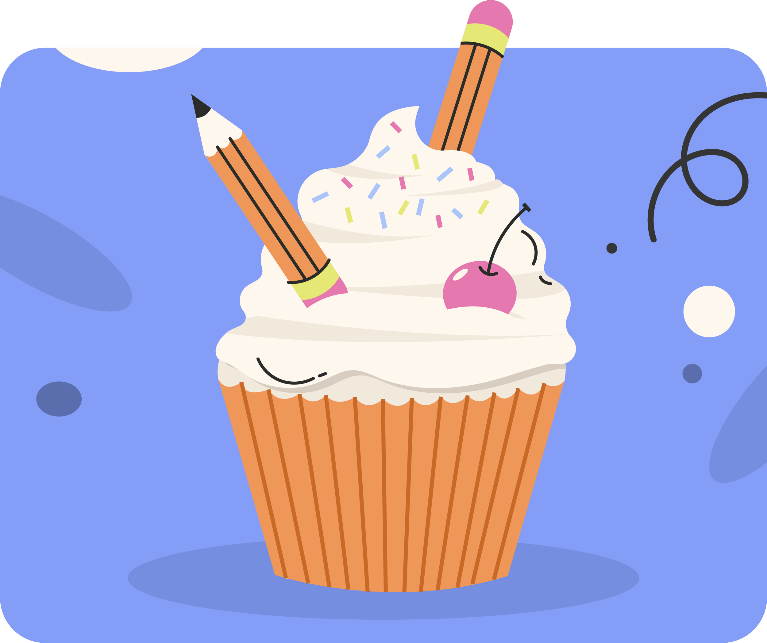Una torta di compleanno decorata con panna, confetti colorati, due ciliegie e due matite di pastello di fronte a un soffice sfondo azzurro con alcune macchie scure. L'immagine è uno stile cartonato e minimalista.