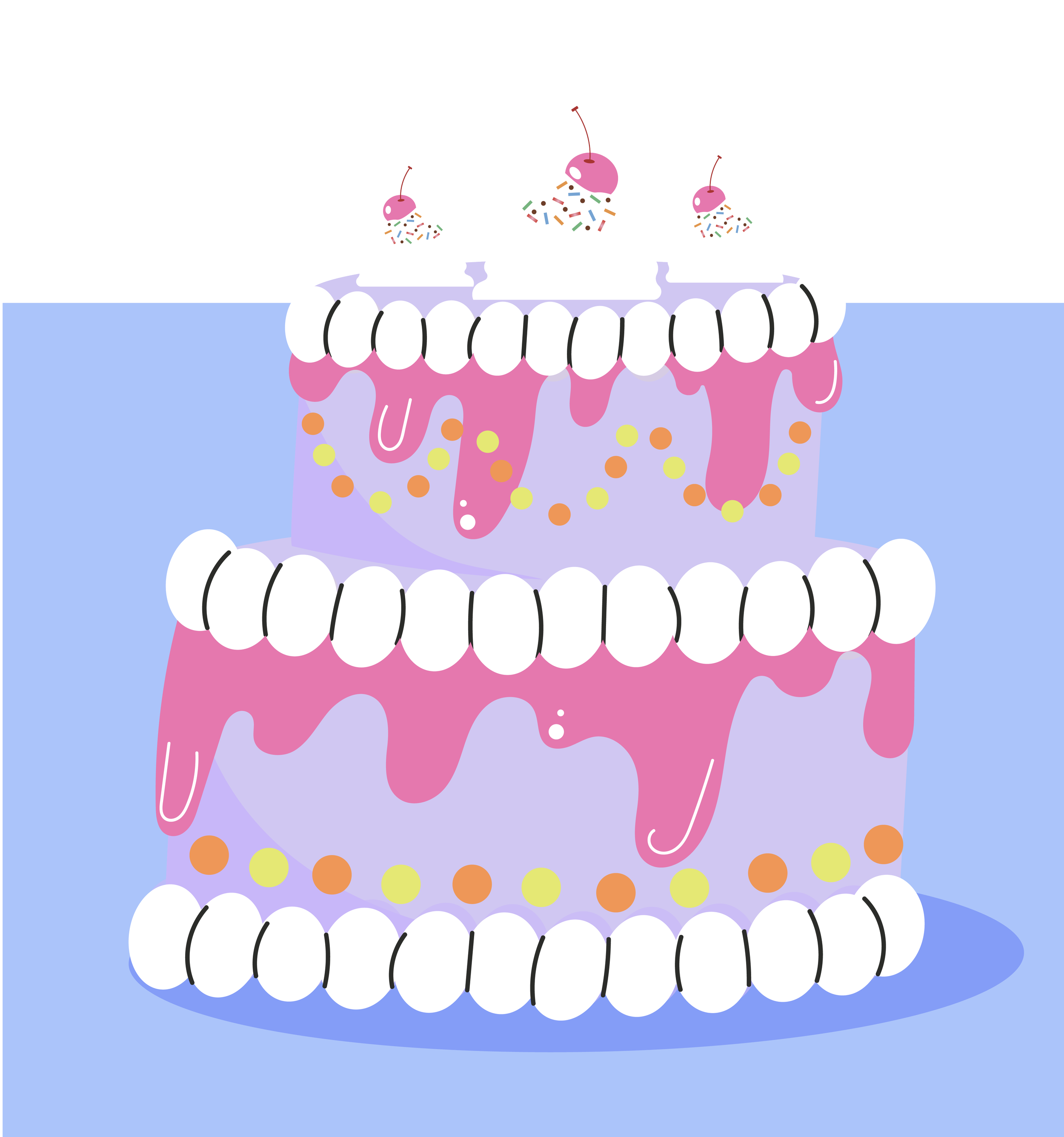Denti umani decorati con cioccolato, decorazioni colorate, ciliegine e glassa rosa, rappresentati in uno stile disegnato e colorato.