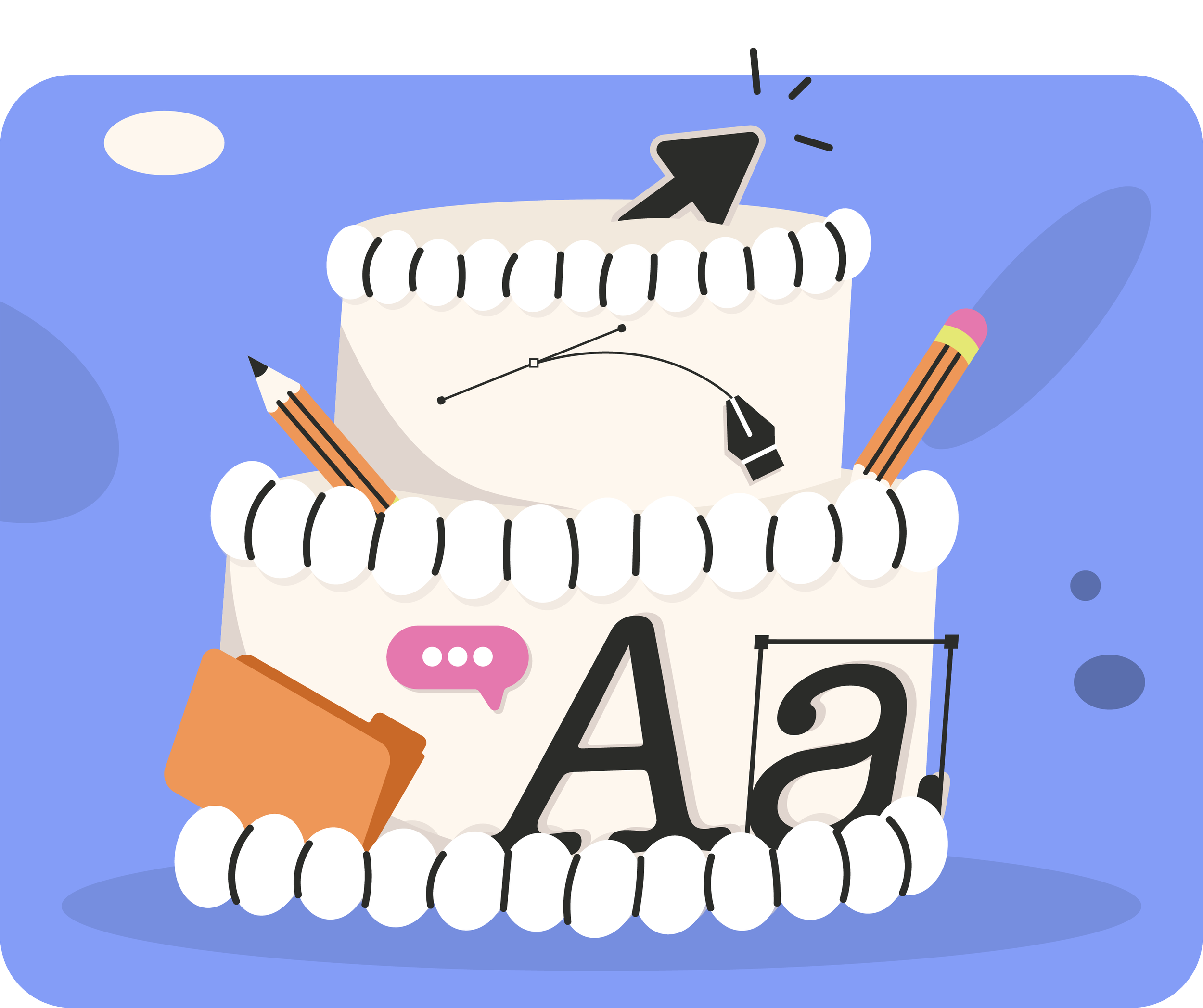Illustrazione digitale di un fosso con vari oggetti creativi, tra cui una borsa, pennarelli, una squadra, un telefono, uno stilo, un fumetto con tre puntini, simboli matematici e altri elementi artistici su uno sfondo blu