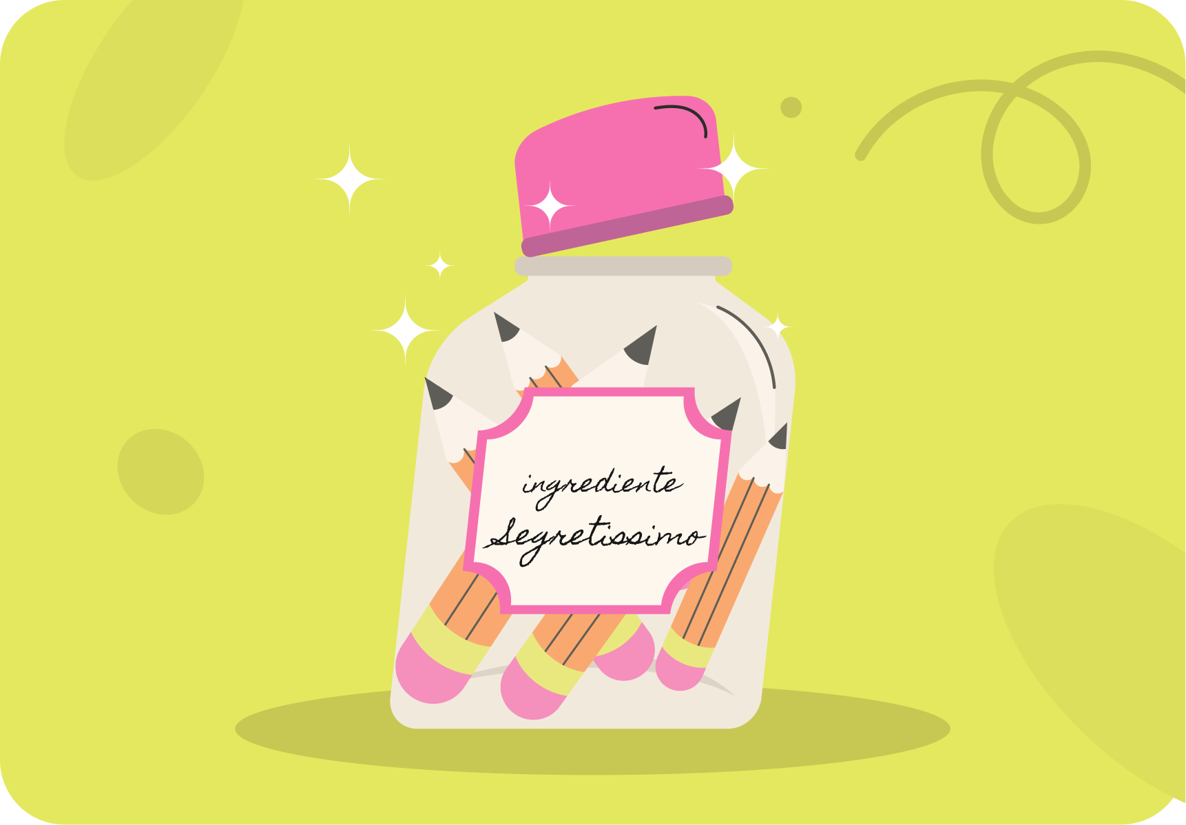 Bottiglia di detergente con un'etichetta che dice 'ingrediente segreto', decorata con una gomma rosa e pennarelli colorati, su sfondo giallo con stelle e linee curve.