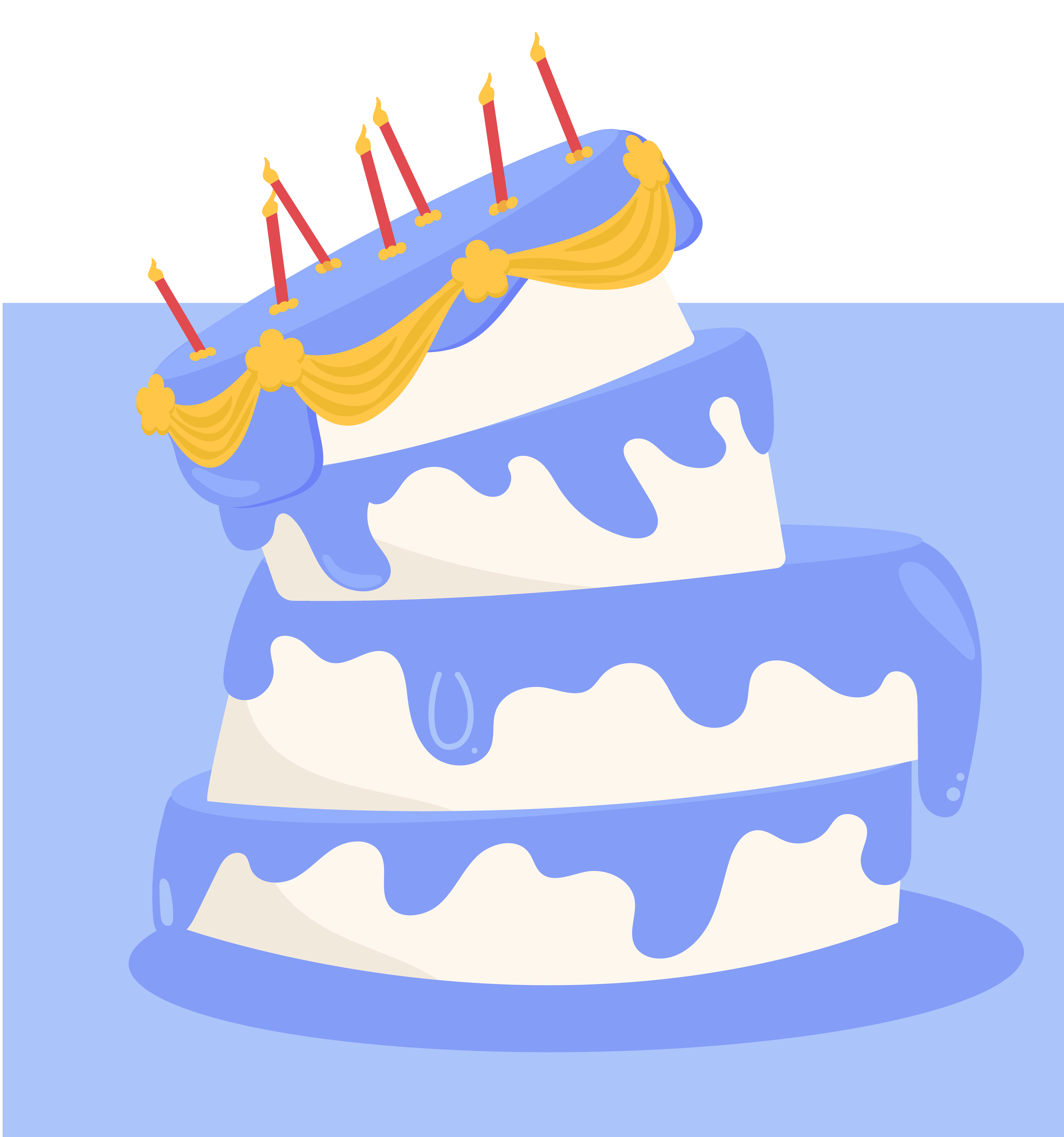 Una torta decorata con cioccolato bianco e blu, con drappeggi dorati e candele accese.