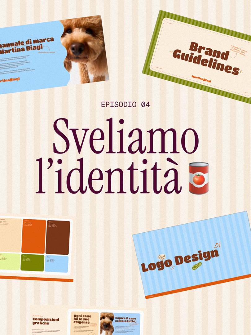 Copertina di un episodio di un podcast intitolato 'Sveliamo l'identità', con vari elementi grafici tra cui immagini di una confezione di pomodori in scatola, un cane, e vari fogli con testo, su sfondo con righe beige.