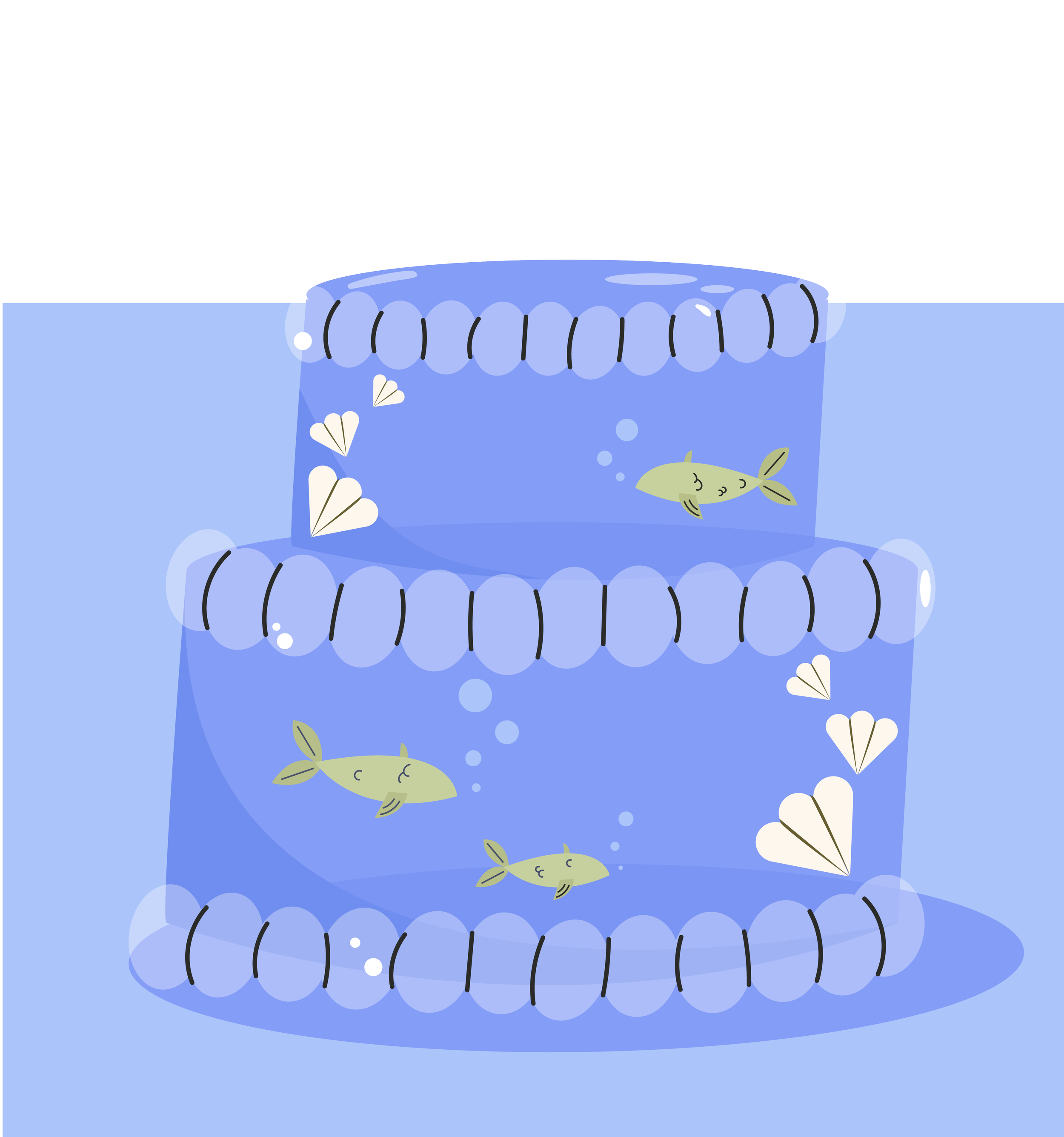 Illustrazione di un acquario con due pesci e piante acquatiche. L'acquario è di forma rettangolare, con acqua blu e decorazioni marine.