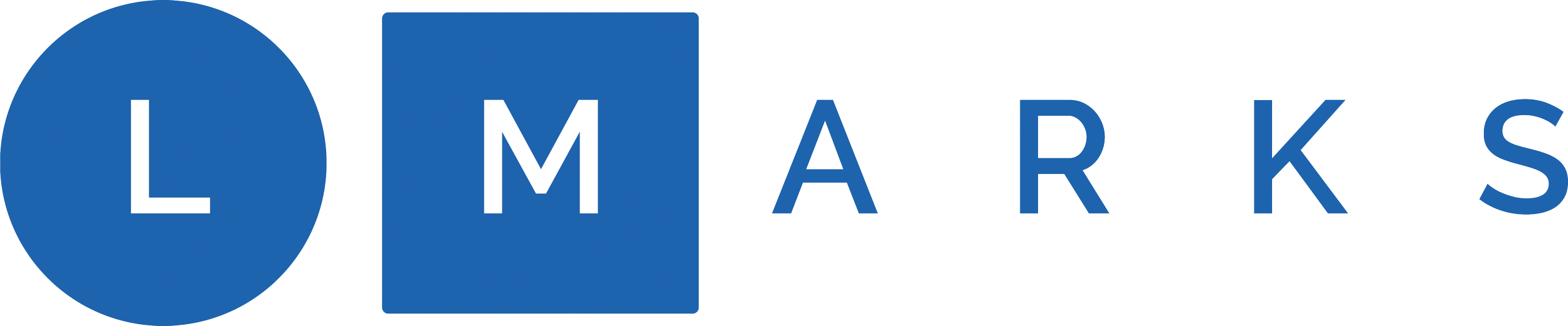 Logo of LM Marks with letters L, M, A, R, K, S in blue shapes.