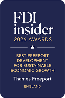Award plaque from the 2026 FDI Insider Awards recognizing Thames Freeport in England as the best freeport development for sustainable economic growth.