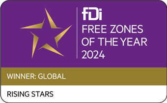FDi Free Zones of the Year 2024 award badge with gold star graphic, purple and gold design, awarded to Rising Stars in the global category.