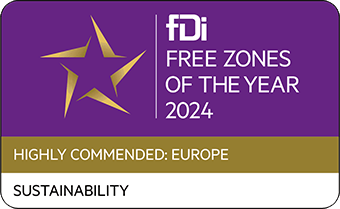 FDI Free Zones of the Year 2024 award badge, purple background with gold and white text, mentioning Europe and sustainability.