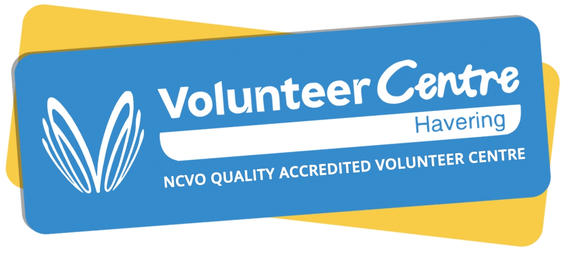 A sign for the Volunteer Centre in Havering, indicating it is an NCVO quality accredited volunteer centre, with a blue background and yellow border.