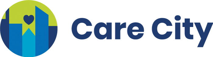 Care City logo featuring a blue and green icon with a heart and cross symbols, and the words 'Care City' in dark blue text.
