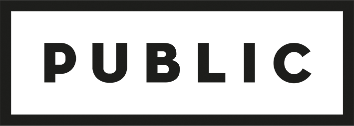 Black and white sign with the word 'PUBLIC' written in large, bold letters.