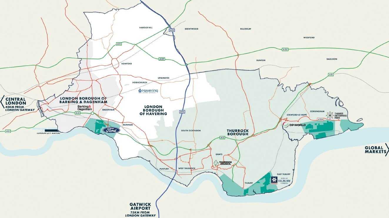 Map of Greater London area showing boroughs, main roads, and landmarks such as GATWICK Airport, Thames Enterprise Park, and Ford.