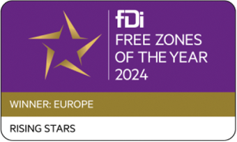 FDi Free Zones of the Year 2024 award badge for Europe, Rising Stars category.