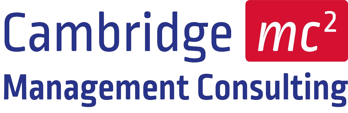 Cambridge Management Consulting logo with stylized text and a red square containing white 'mc' and a superscript 2