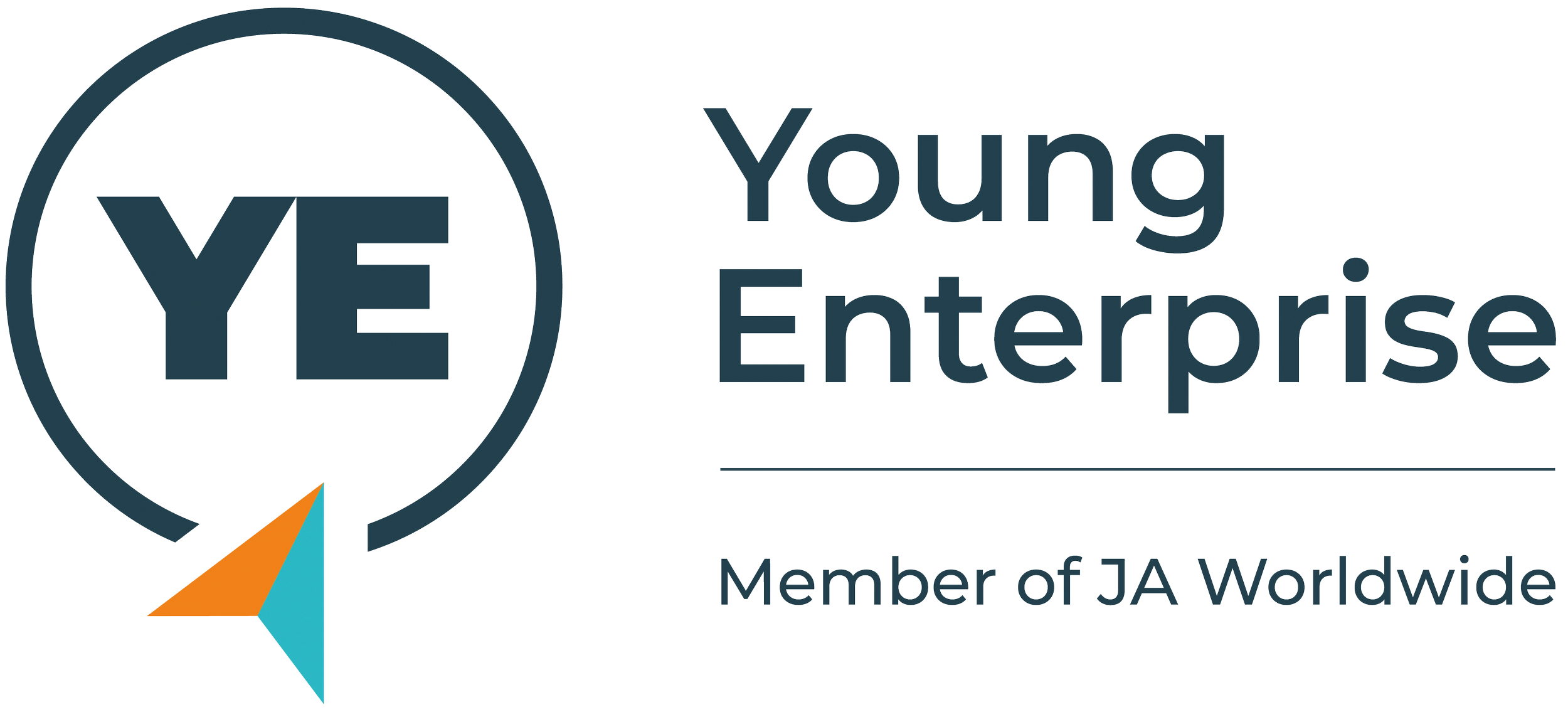 Logo for Young Enterprise, featuring a stylized letter 'Y' and 'E' within a circle, with text indicating membership in JA Worldwide.