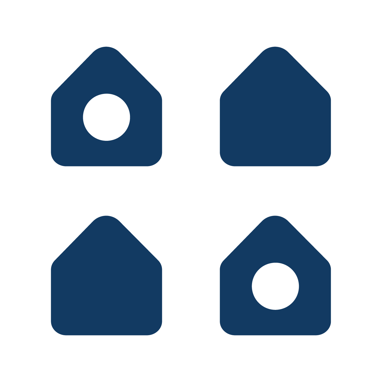 Four dark blue house icons, two with circular windows and two without, arranged in a 2x2 grid.