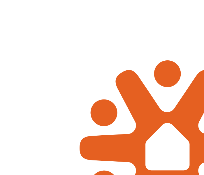 An orange icon of three abstract human figures with circular heads, with one figure inward, stylized and interconnected, representing community or teamwork.