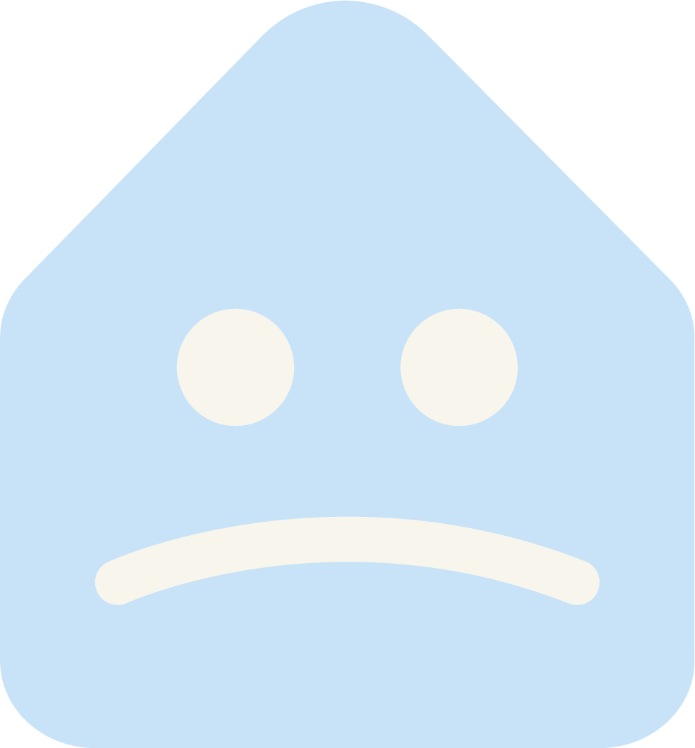 A blue, cartoon-like character with a triangular top, two circular eyes, and a curved mouth, resembling a mythical creature or a stylized face.