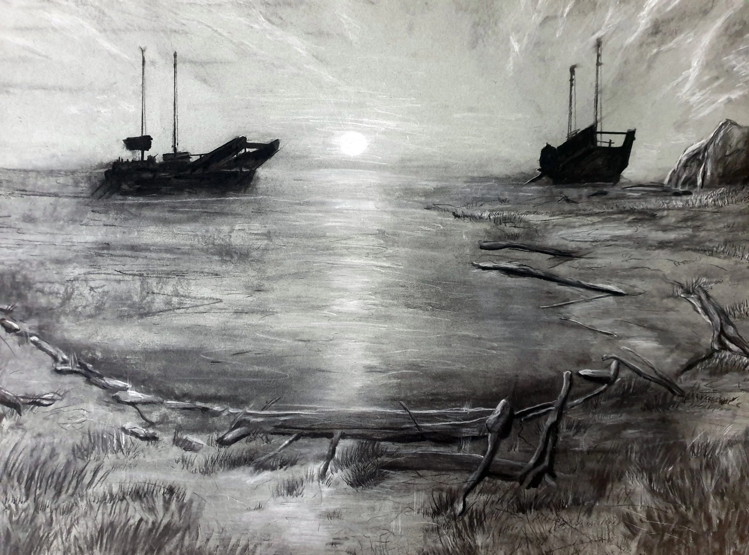 Stranded, 2021, charcoal and pastel on grey toned paper. 