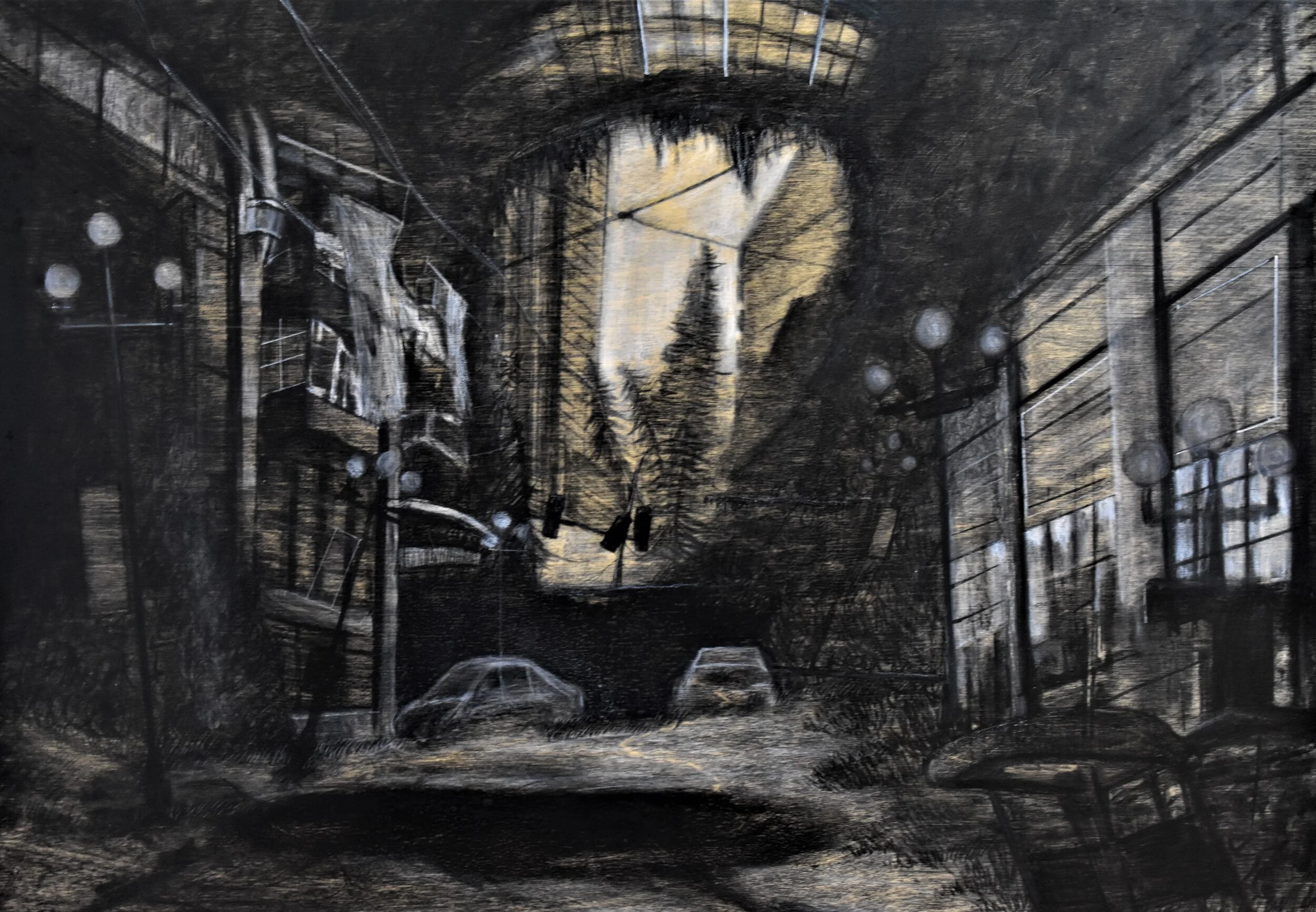 Interruption, 2021, charcoal and pastel on board.