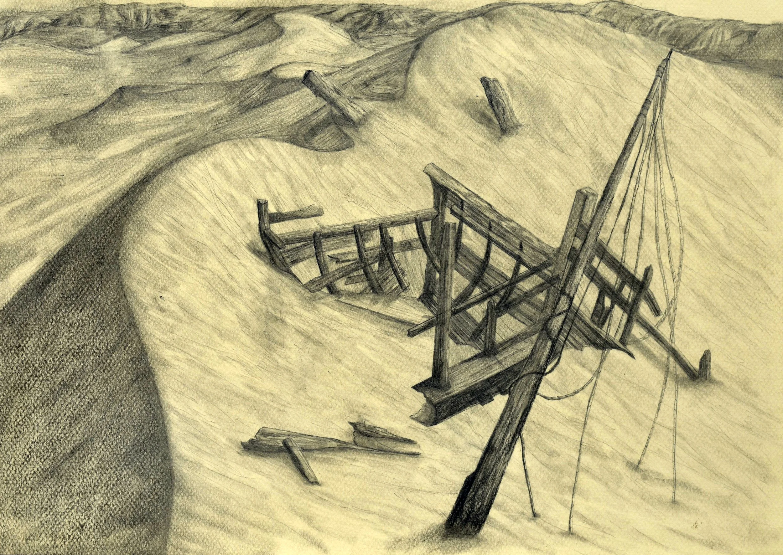 Lost at Sea, 2021, graphite and charcoal on toned paper.