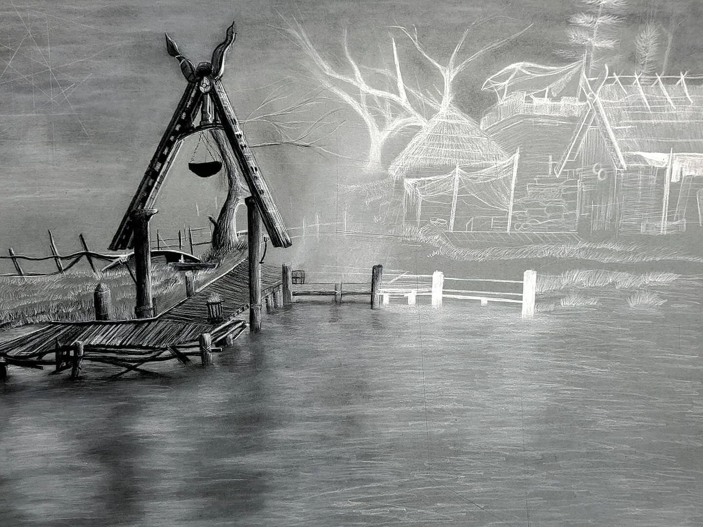 Vision I, 2021, charcoal and pastel on grey toned paper. 