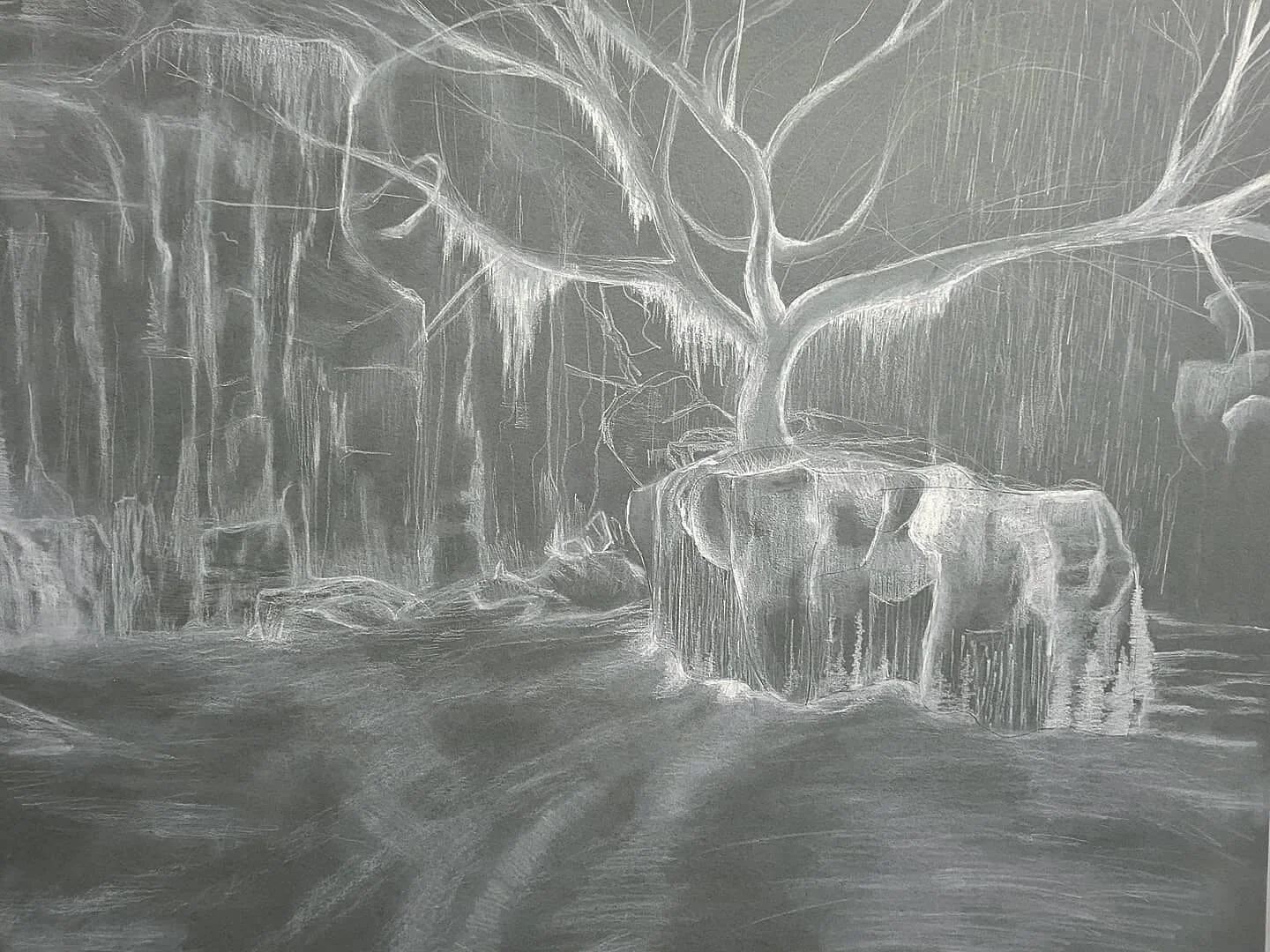 Vision III, 2021, charcoal and pastel on grey toned paper. 