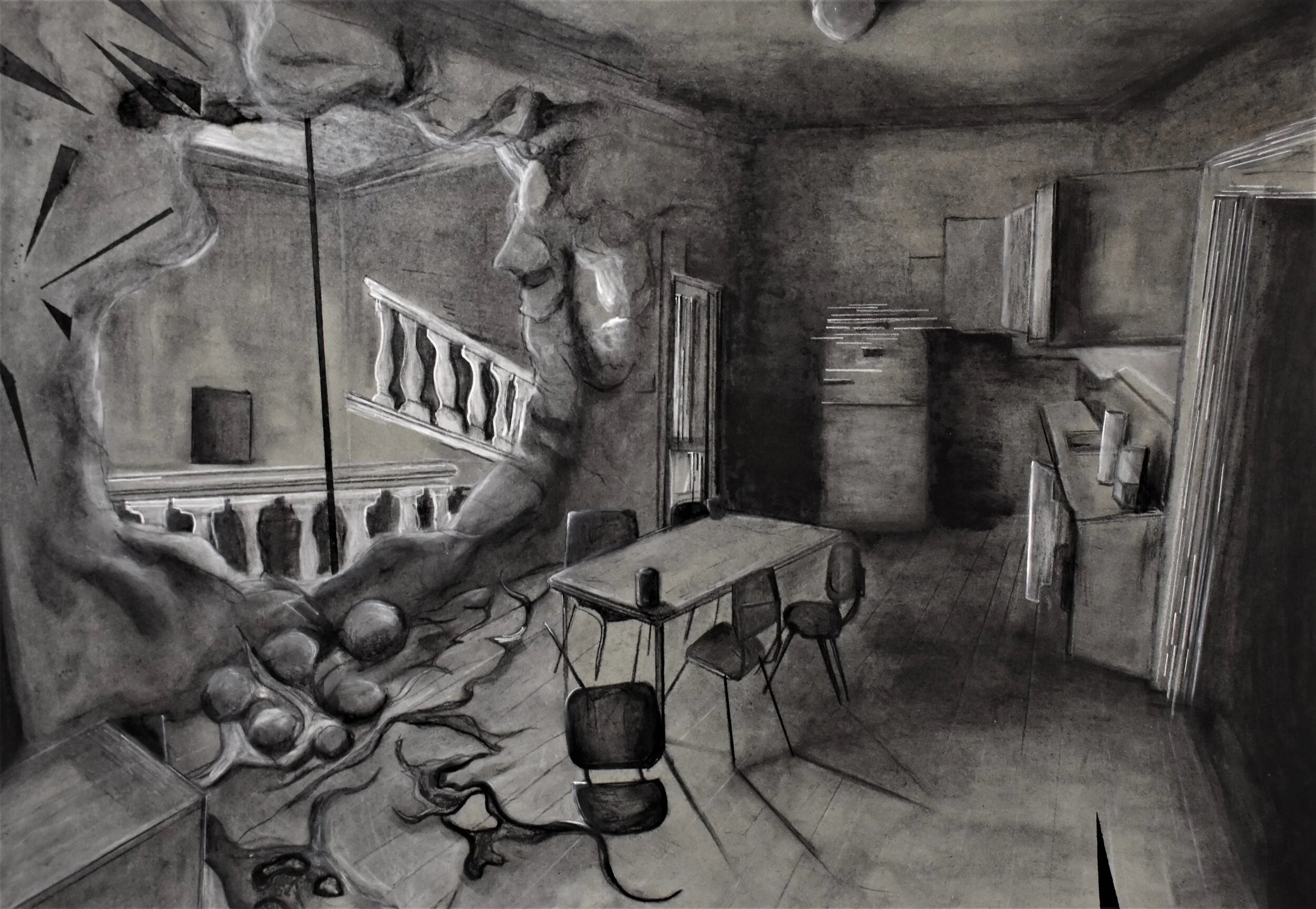 Disruption, 2021, charcoal and pastel on grey toned paper. 