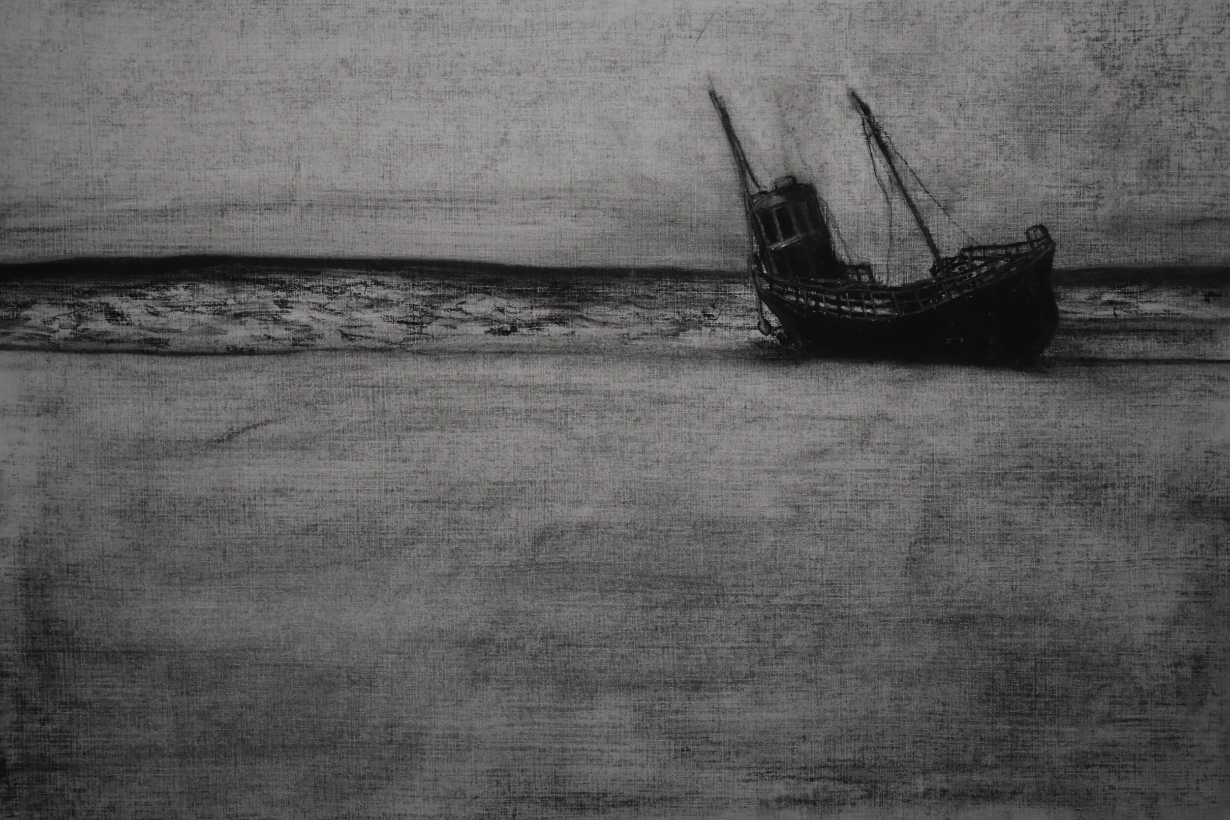 Screenshot of stop frame animation video titled 'Lost at Sea', 2018. Still I. Charcoal on Fabriano paper.