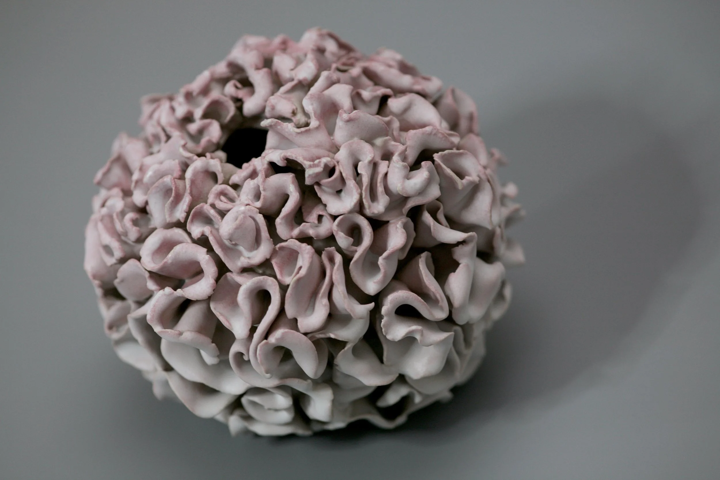 Close-up of a pinkish coral-shaped object with wavy, ruffled surface, reflecting on a gray surface.