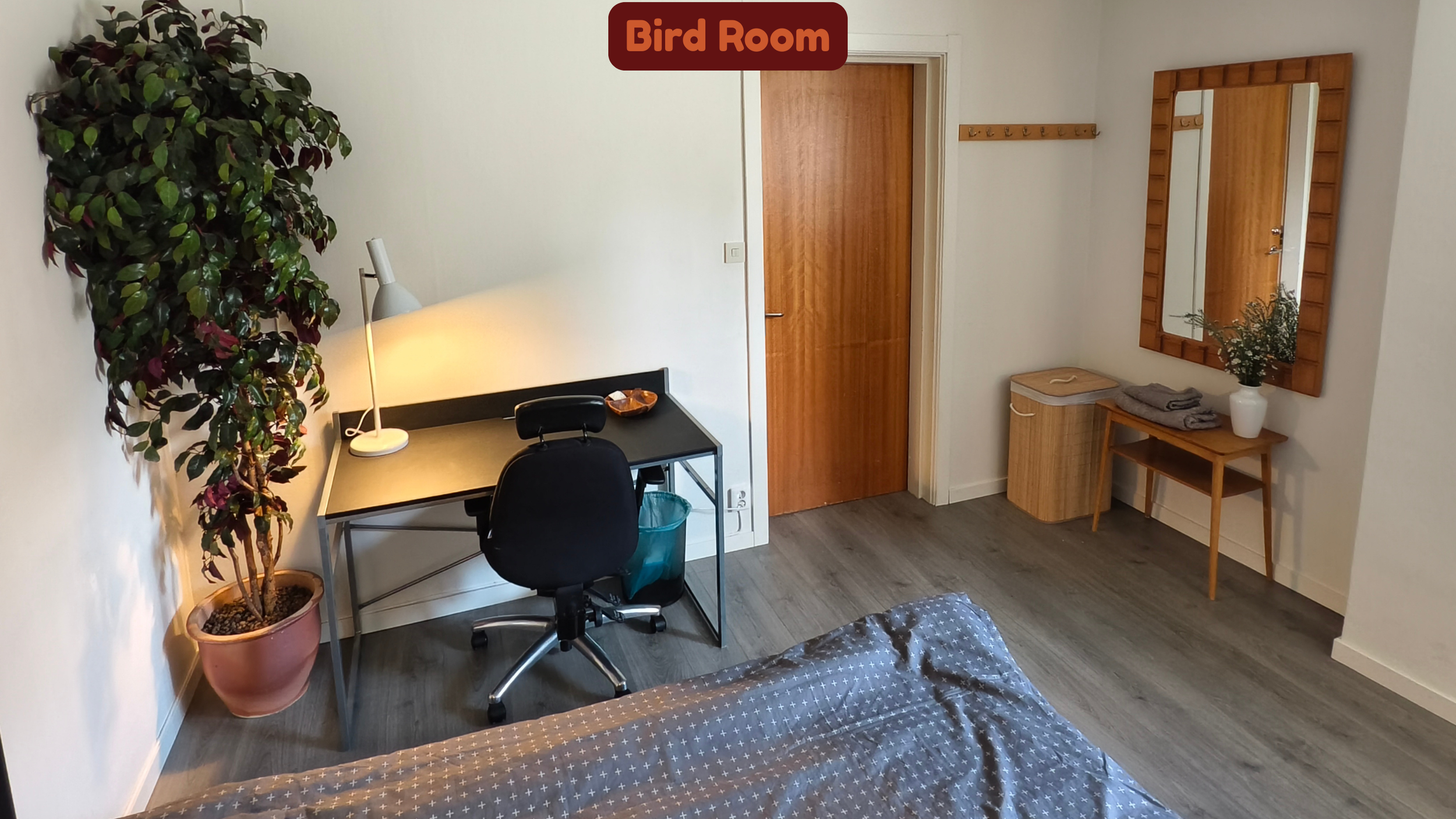 A small room labeled 'Bird Room' with a desk, an office chair, a tall potted plant on the left, a mirror and a small table with a vase of flowers on the right, and a wooden door in the background.