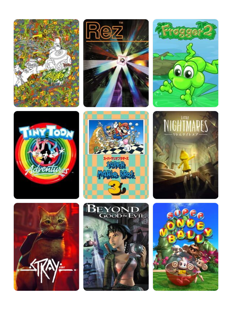 Em's favourite games, including 'Rez', 'Frogger 2', 'Tiny Toons Adventures' , 'Super Mario Bros 3' , 'Little Nightmares' , 'Stray', 'Beyond Good & Evil', and 'Super Monkey Ball'