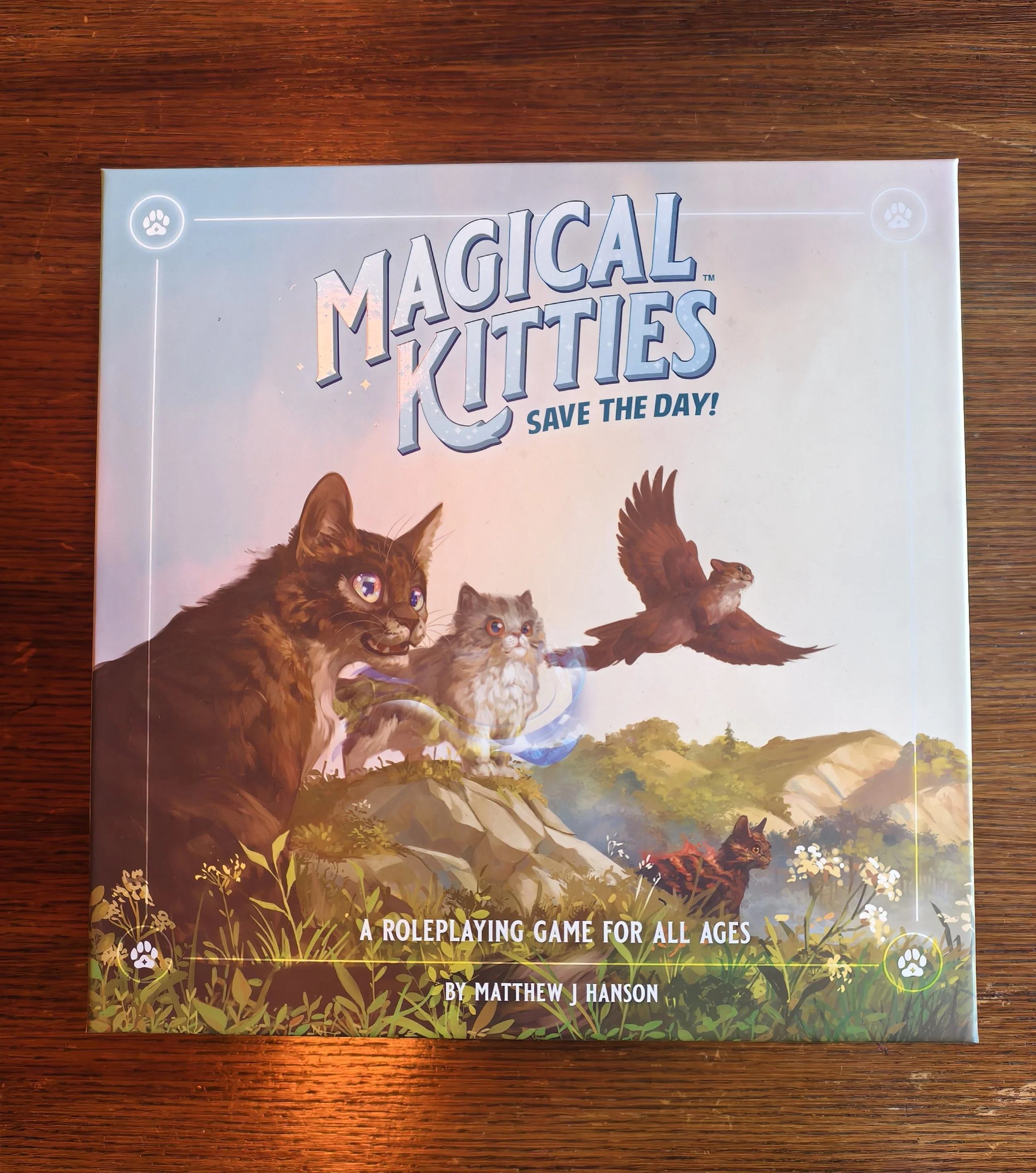 The cover of a roleplaying game book titled 'Magical Kitties Save the Day!' by Matthew J. Hanson. The cover features illustrated cats and a landscape with grass, rocks, trees, and a forest scene in background. The title and subtitle are prominently d