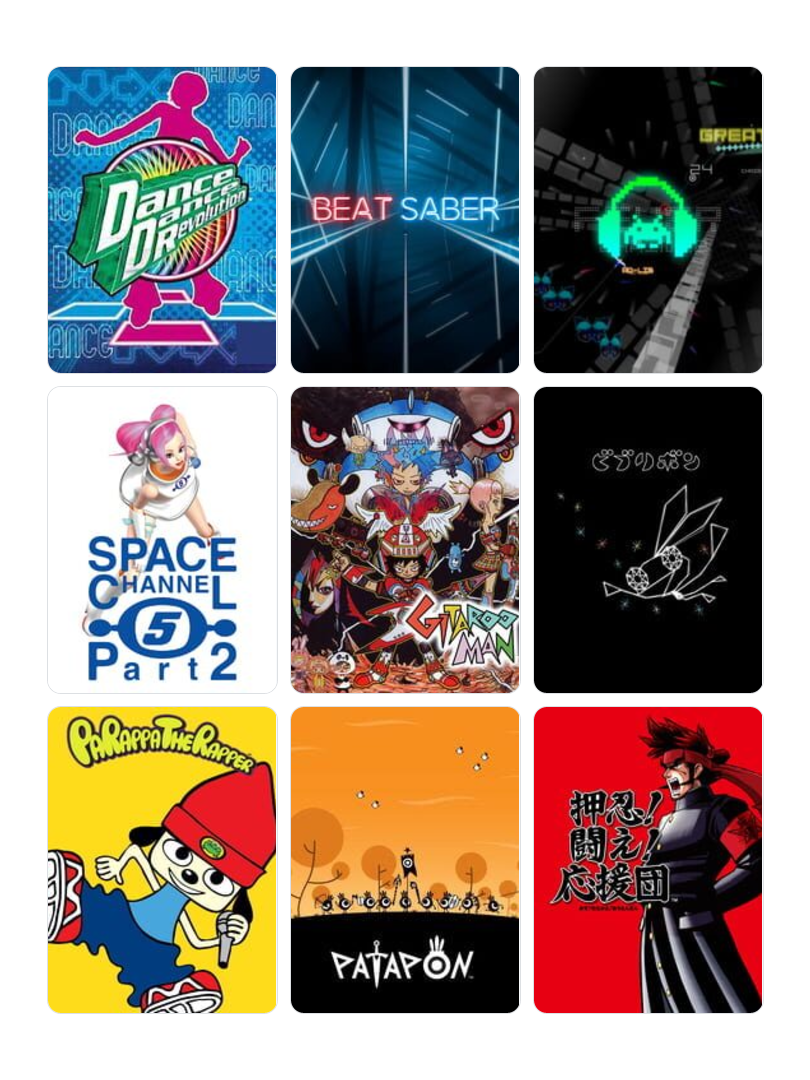 Em's favourite rhythm games, including Dance Dance Revolution, Beat Saber, Space Channel 5 Part 2,  and Gitaroo Man