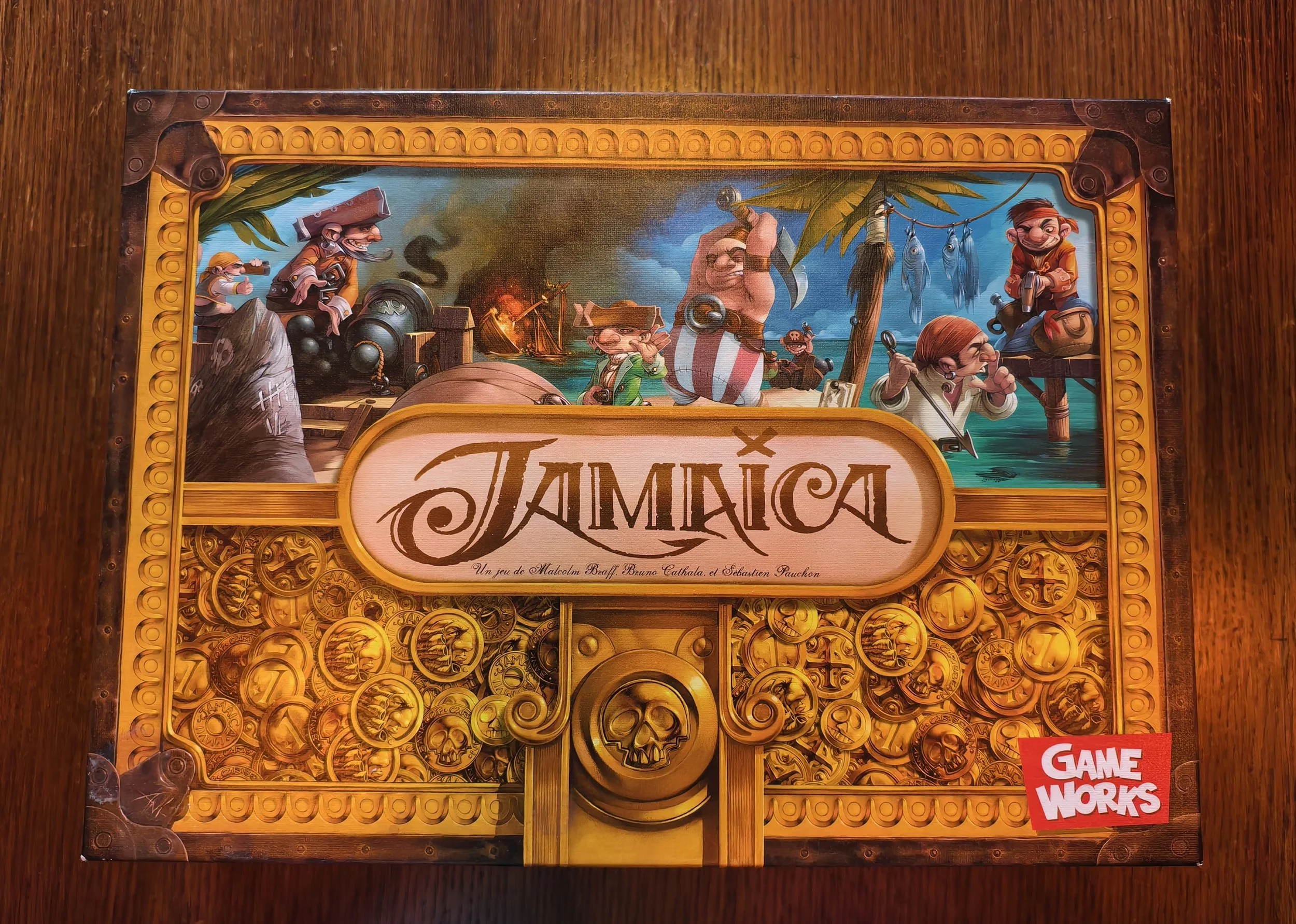 A themed pirate board game called "Jamaica" with animated cartoon characters, treasure coins, and a ship