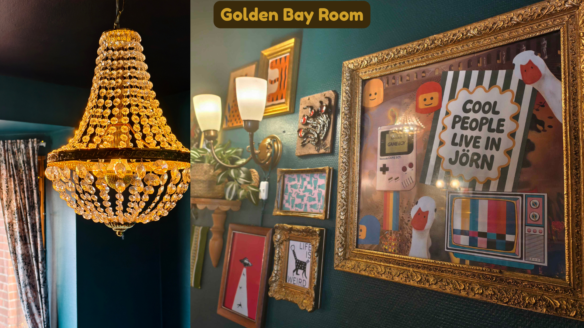 A luxurious chandelier with hanging crystals illuminated in a cozy room with dark walls and floral curtains. Next to it is a colorful gallery wall with various framed art pieces, including a sign that reads 'Cool people live in Jörn' and retro decora