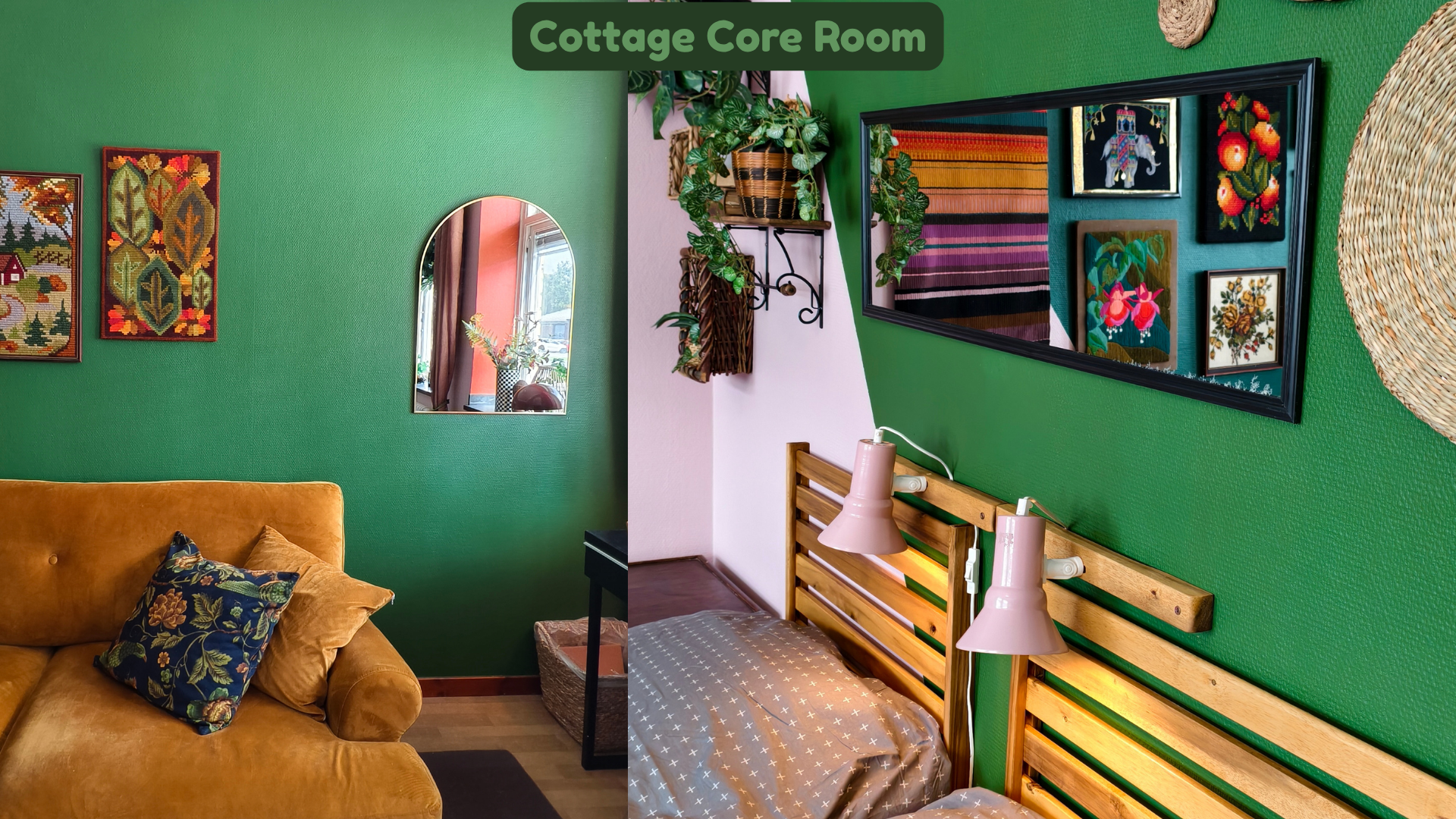 A cozy room a The Jörniverse. It has colourful decor, including green textured walls, framed cross-stitch art, a mirror, a wooden bed with patterned bedding, a pink lamp, a mirror, and an arrangement of potted plants.