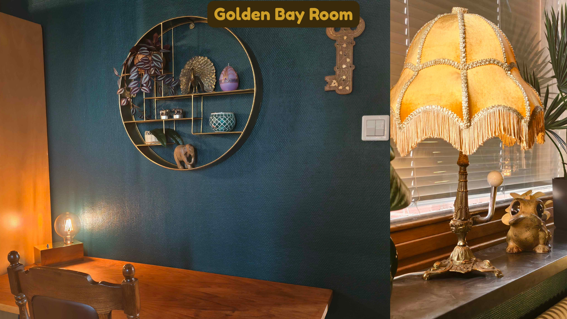Decorative interior of a room with a dark teal textured wall, a round gold wall shelf with various decorative items, and a vintage-style table lamp with a fringed yellow shade placed on a wooden table with a frog figurine and other décor.