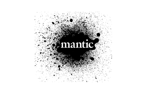 Black background with white paint splatter and the word 'mantic' in white lowercase letters in the center.