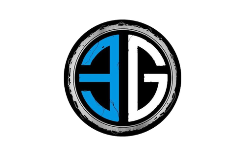 A circular logo with the initials E and G, split by a vertical line, with blue and black colors.