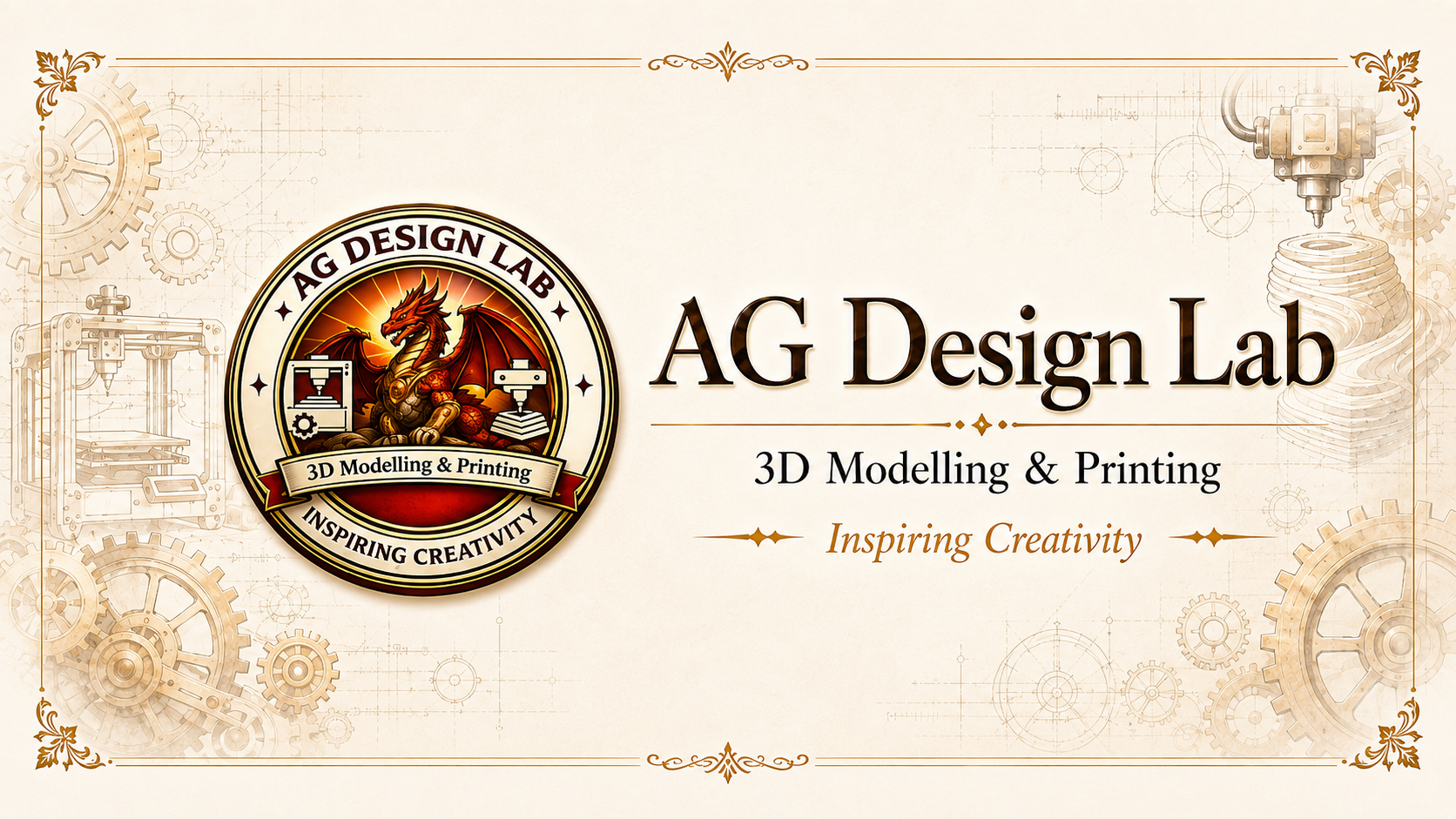 Logo with a red dragon and printing equipment, text reads 'AG Design Lab', ‘3D Modelling & Printing’, and ‘Inspiring Creativity’ on a background with gears and technical drawings.