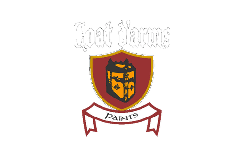 Logo for Trot Doms Paints featuring a shield with a yellow and red design and a white banner reading 'PAINTS' beneath.