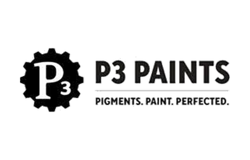 P3 Paints logo with a gear icon containing a T-shirt silhouette, and the text "P3 Paints" with the tagline "Pigments Paint Perfected."
