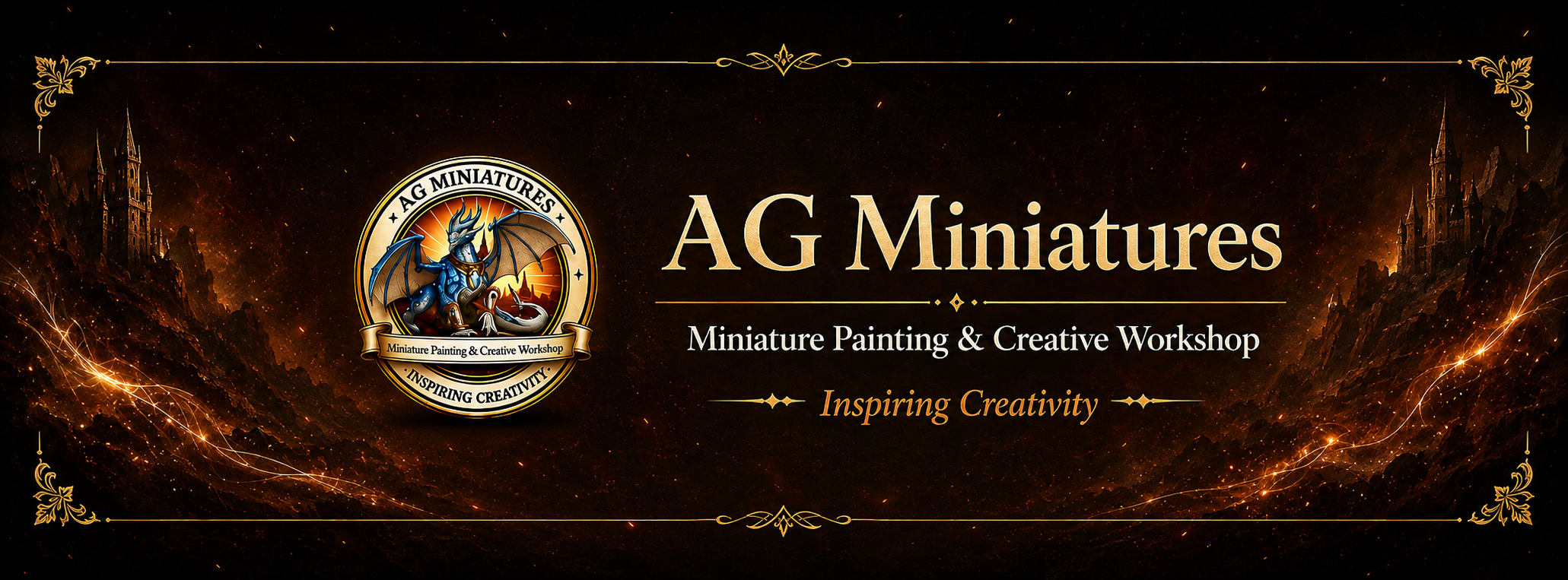 Banner for AG Miniatures featuring logo with a blue dragon and workshop details, with a fiery mountain background and gold decorative borders.