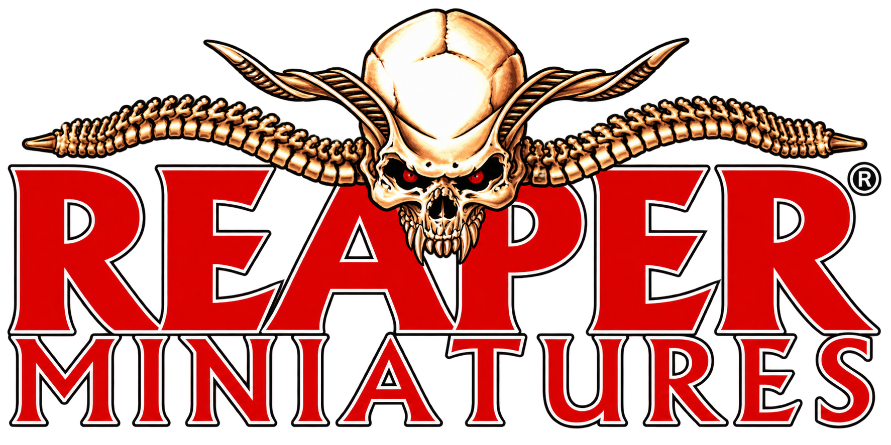 Logo for Reaper Miniatures with a skull and horns above the text in red.