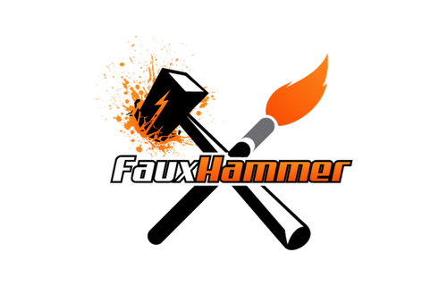 Logo featuring a hammer and a matchstick crossed, with a lightning bolt and sparks, and the text 'FauxHammer' in stylized font.