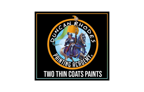 Logo for Duncan Rhoades Painting Academy with a knight in armor on a blue horse, holding a lance, surrounded by a black and orange circular design with text.