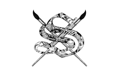 Illustration of a snake made of guns and money with two crossed pens.