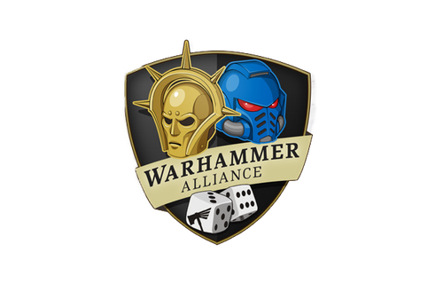 Warhammer Alliance logo featuring a golden skull, a blue robotic helmet, and dice.